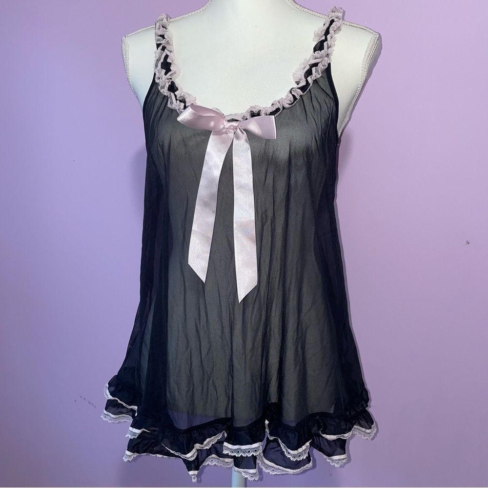 Victoria's Secret Sheer Lingerie Babydoll Top Women M Ruffle Bow Whimsigoth Sexy